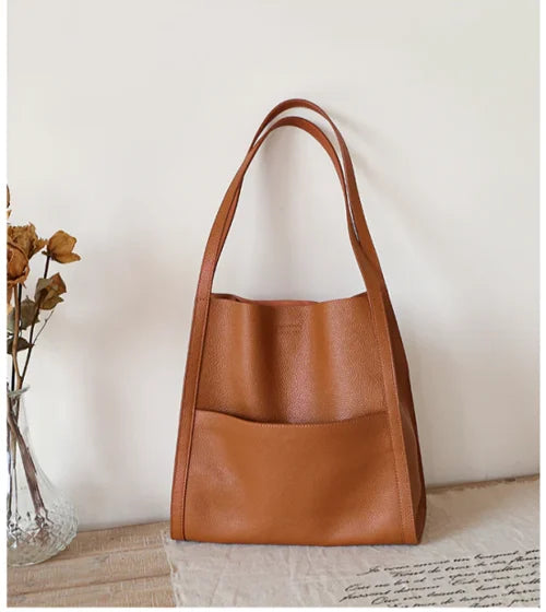 Solid color simple genuine leather shoulder bag