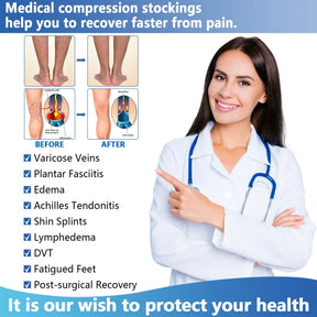 Compression stockings for blood circulation that relieve pain, varicose veins and fatigue.