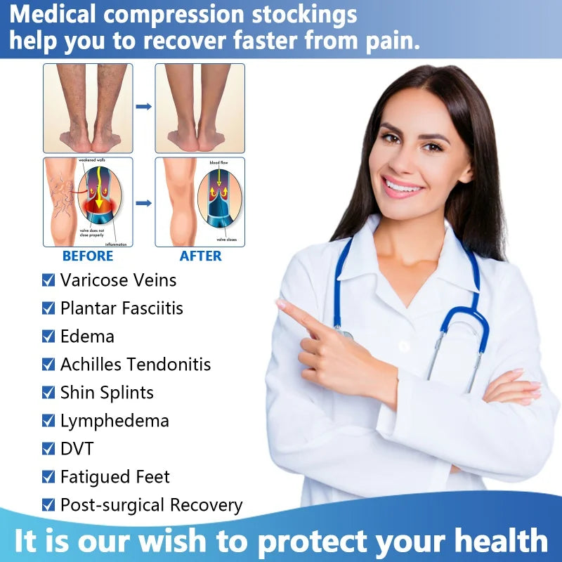 Compression stockings for blood circulation that relieve pain, varicose veins and fatigue.