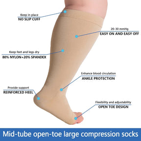 Compression stockings for blood circulation that relieve pain, varicose veins and fatigue.